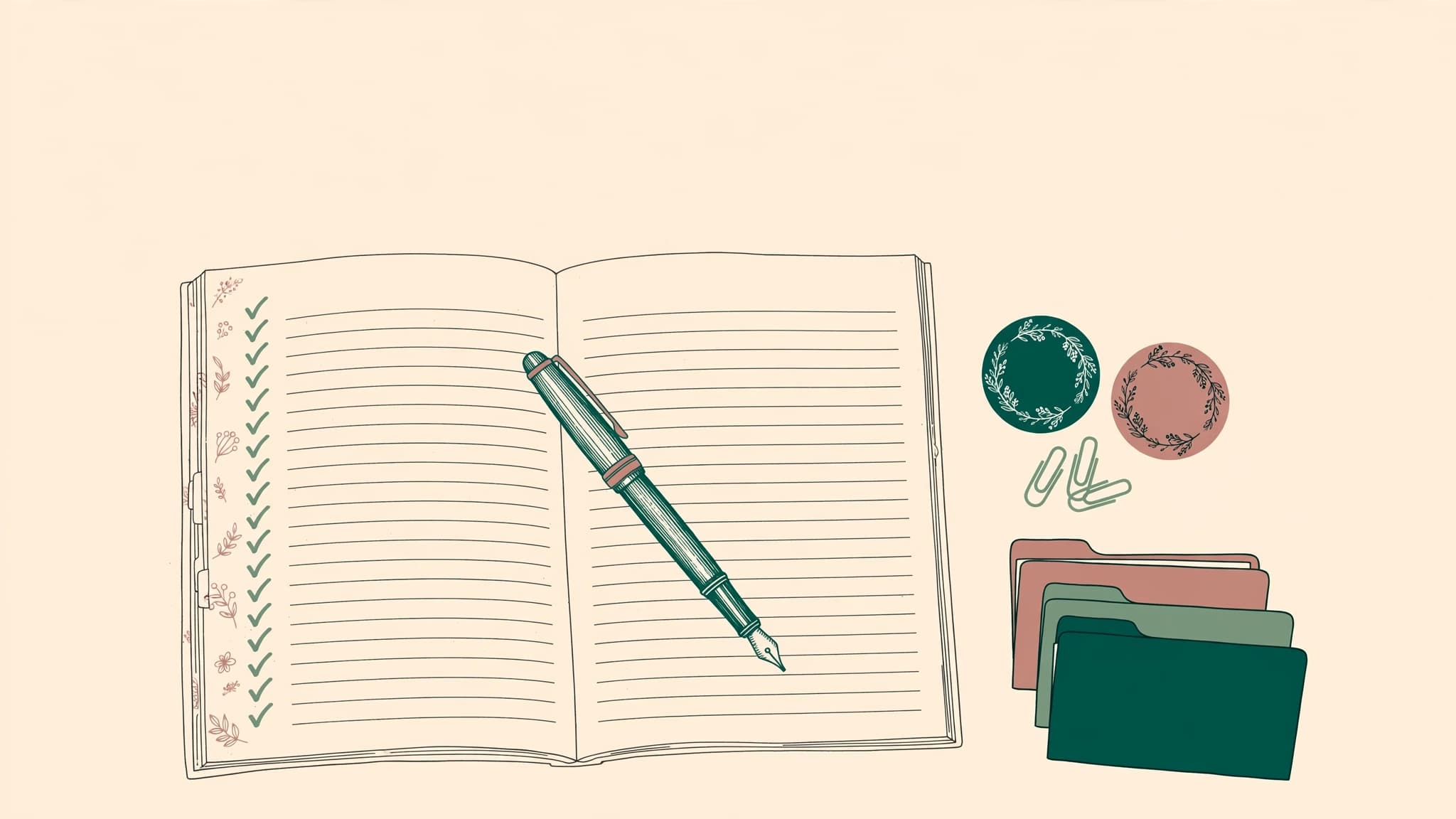 Ink illustration of an open ledger with a column of green checks, a fountain pen, and official seals — every record kept in order.