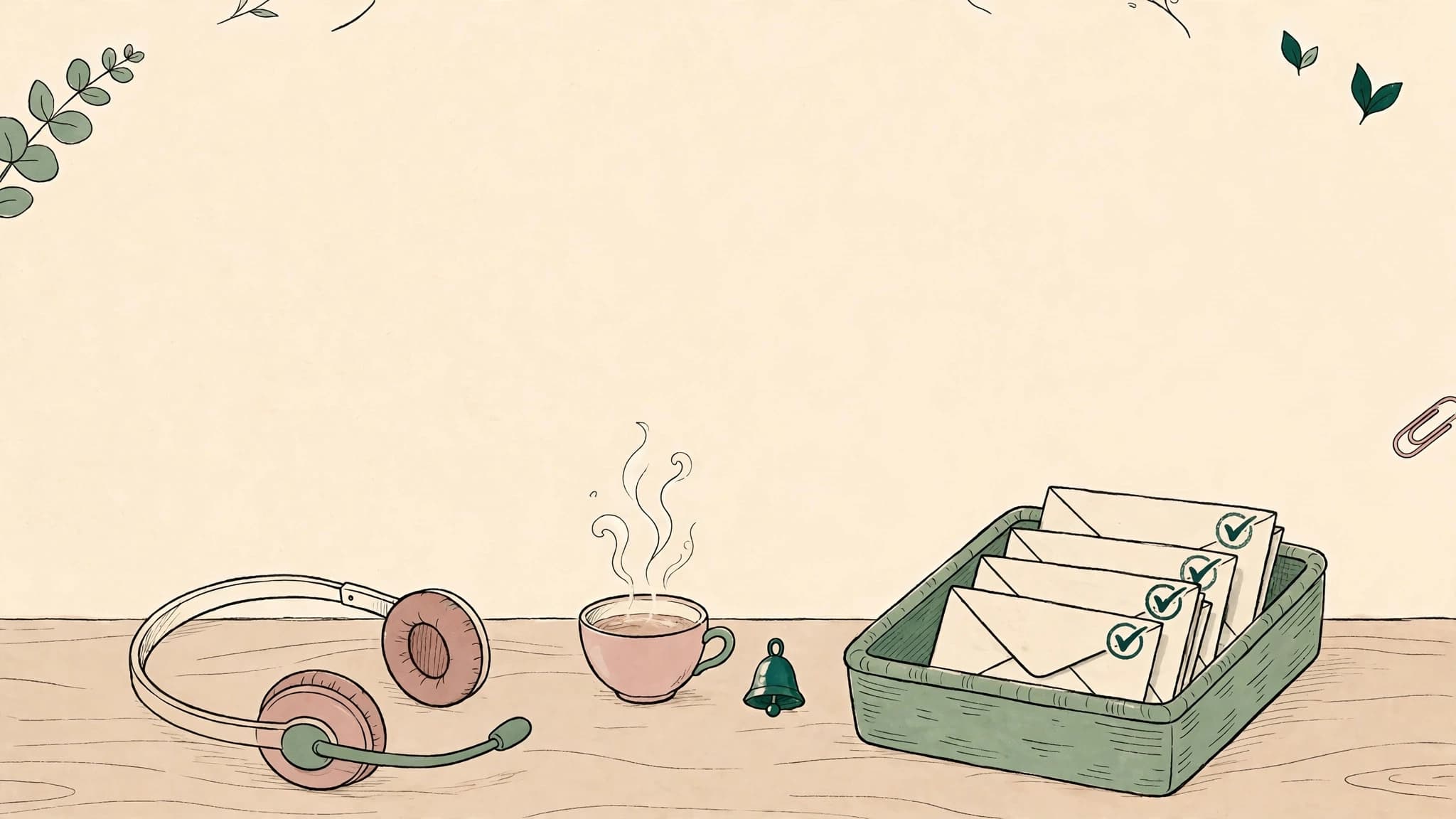 Ink illustration of a support headset resting beside a warm cup of tea and a tray of answered letters — every customer heard, every ticket closed.