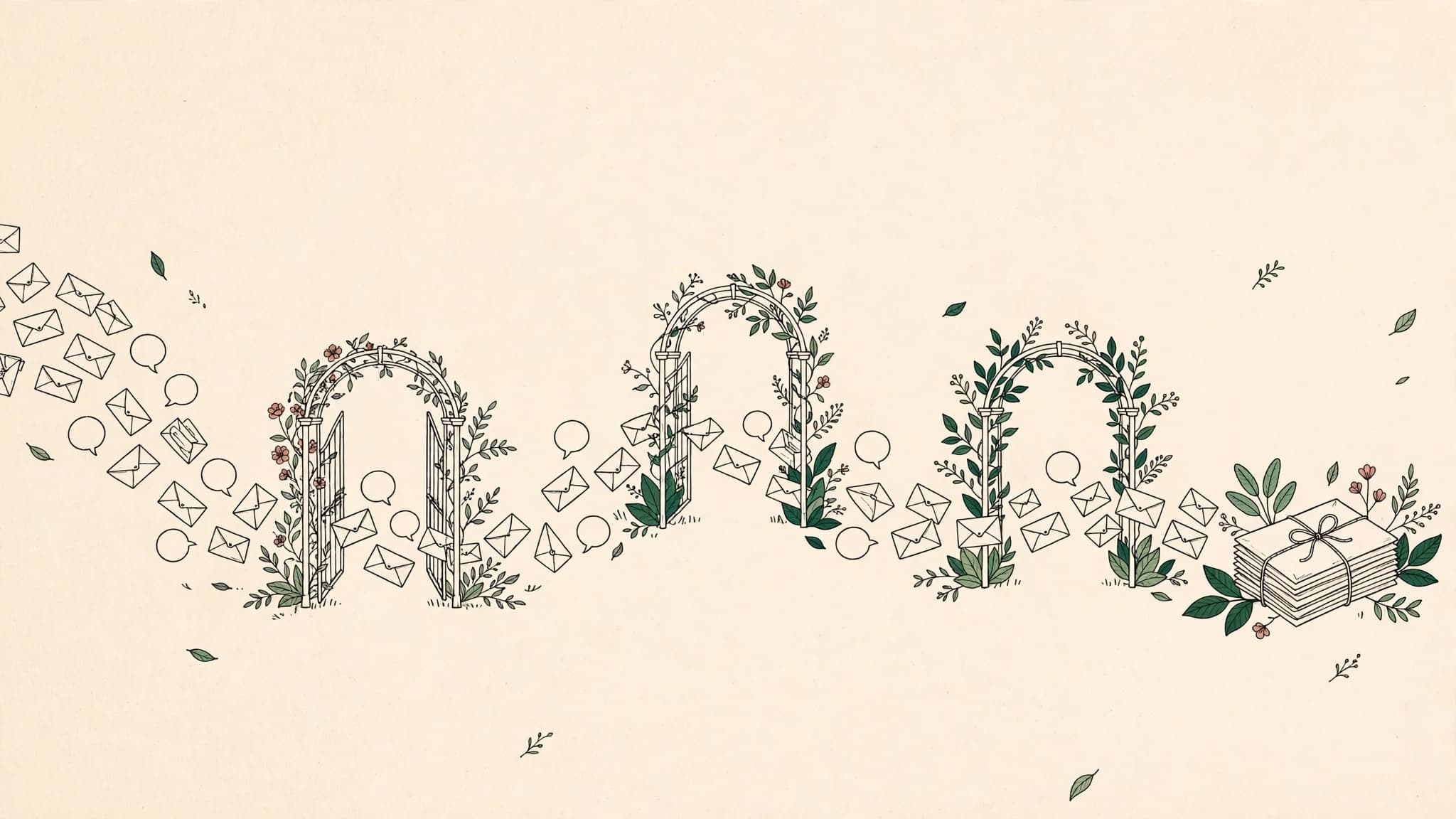 Ink illustration of envelopes and messages drifting through flowering garden arches into a tidy bundle — outreach growing into real conversations.