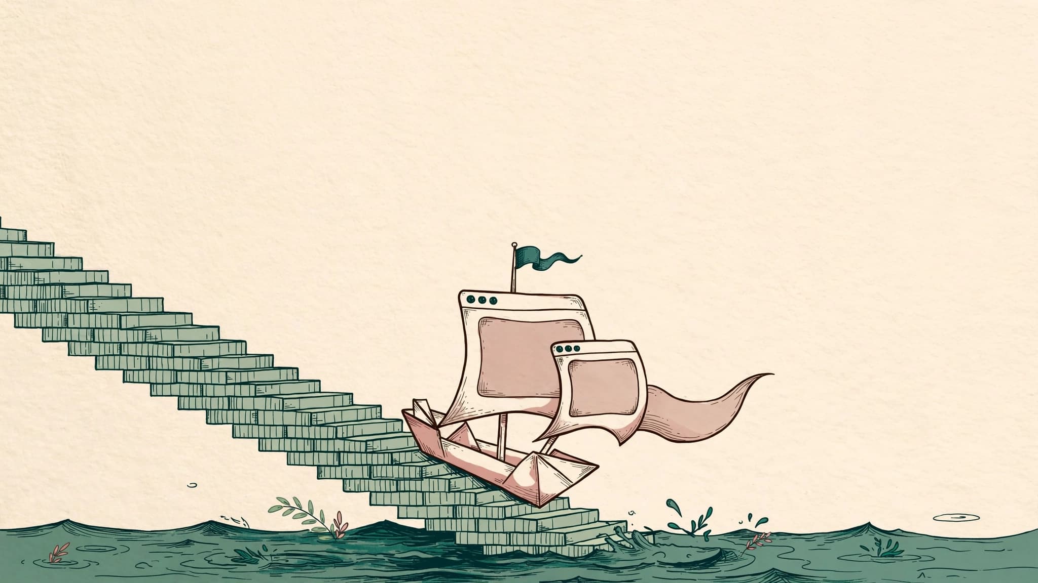 Ink illustration of a paper ship built from open browser windows launching into the sea — new software shipped while you rest.